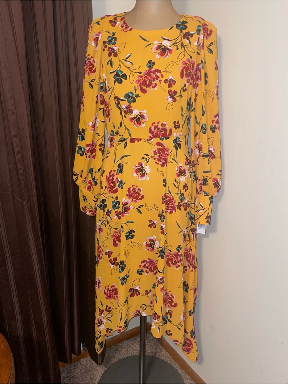 Donna Morgan Mustard Yellow Floral Long Sleeve Midi Dress